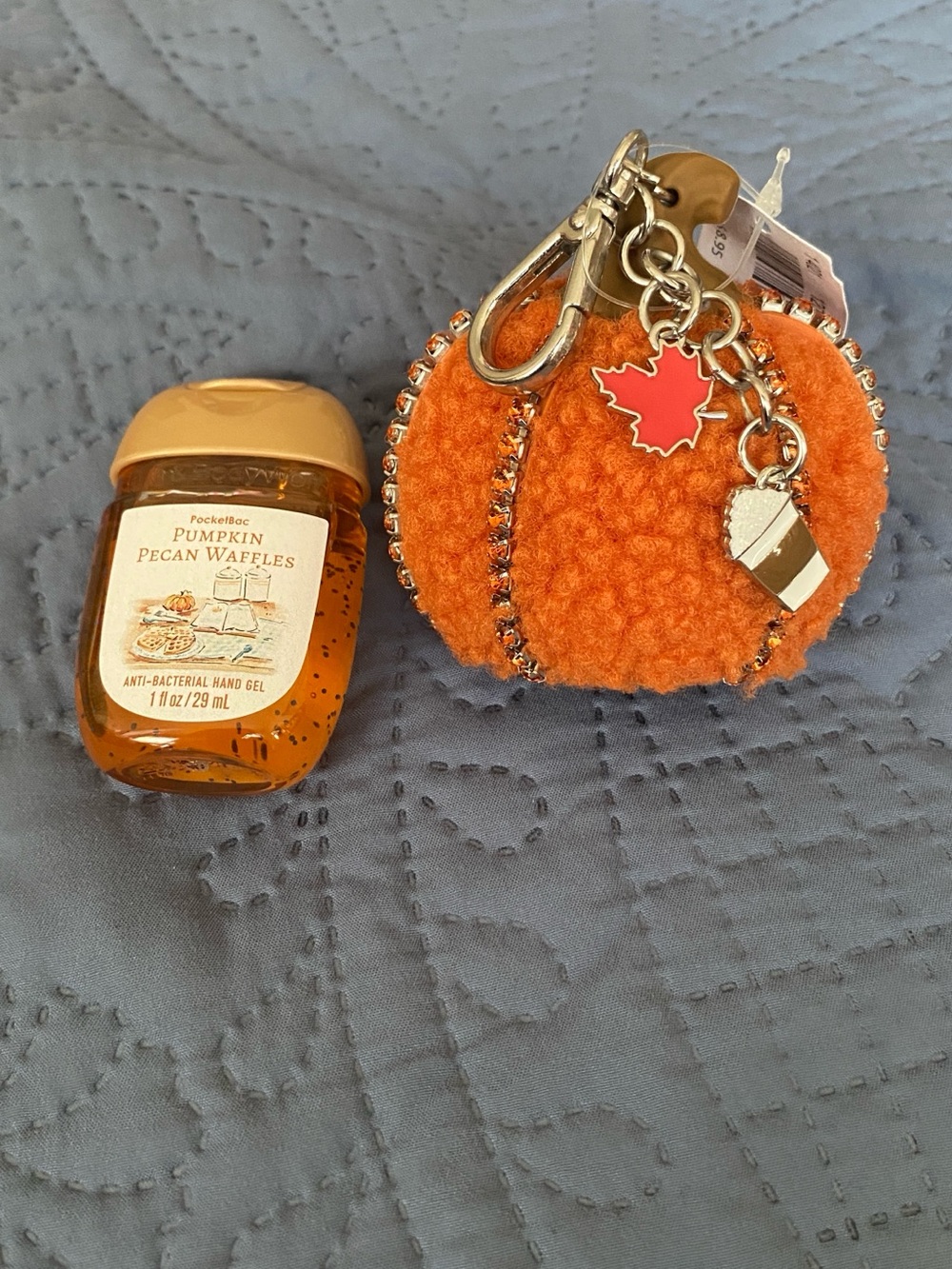 Bath & Body Works Orange Pom Pom Keychain with Pumpkin Pecan Waffles Hand Gel